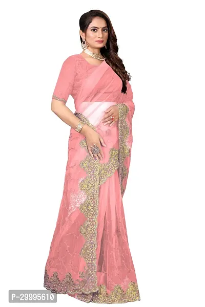 Stylish Peach Net Saree With Blouse Piece For Women-thumb2