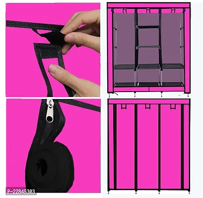 Konline 3-Door Foldable Wardrobe, 8 Storage Racks, (Plastic,Fabric) (Pink)-thumb4