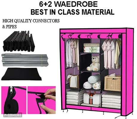 Konline 3-Door Foldable Wardrobe, 8 Storage Racks, (Plastic,Fabric) (Pink)-thumb3