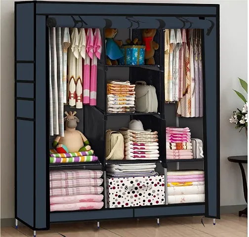 Konline 3-Door Foldable Wardrobe, 8 Storage Racks, (Plastic,Fabric) (Black)