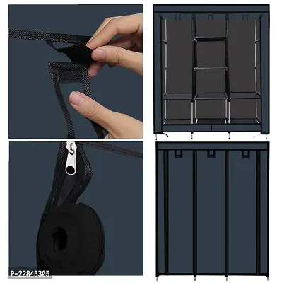 Konline 3-Door Foldable Wardrobe, 8 Storage Racks, (Plastic,Fabric) (Black)-thumb5