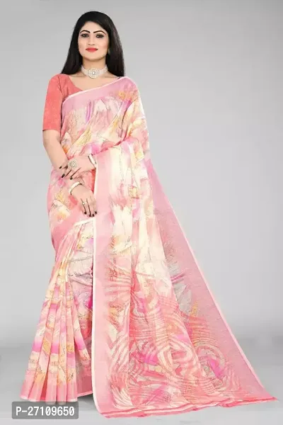 Elegant Pink Linen Blend Printed Saree with Blouse piece-thumb0