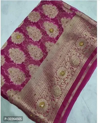 Beautiful Pink Organza Printed Saree With Blouse Piece For Women