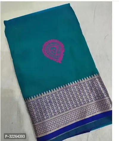 Beautiful Teal Art Silk Printed Saree With Blouse Piece For Women