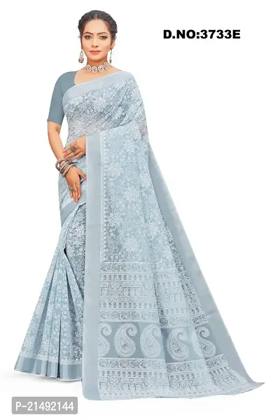 SSH Semi Cotton Women Floral Printed Saree With Unstitched Blouse Piece (Blue)-thumb4