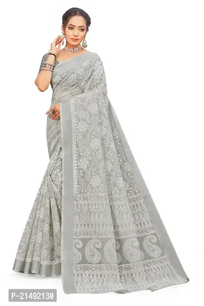 SSH Semi Cotton Women Floral Printed Saree With Unstitched Blouse Piece (Grey)-thumb0