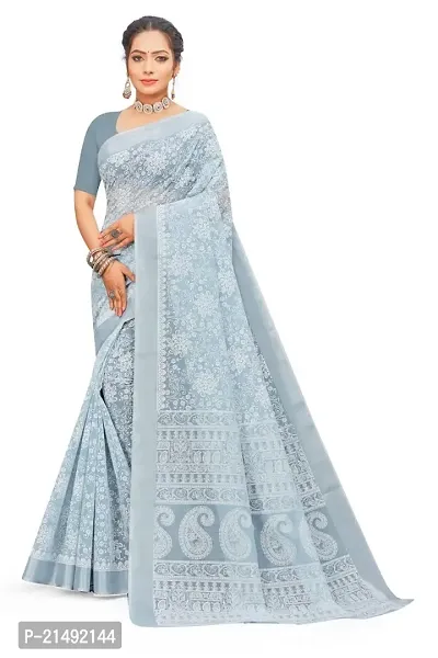 SSH Semi Cotton Women Floral Printed Saree With Unstitched Blouse Piece (Blue)-thumb0