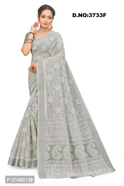 SSH Semi Cotton Women Floral Printed Saree With Unstitched Blouse Piece (Grey)-thumb2