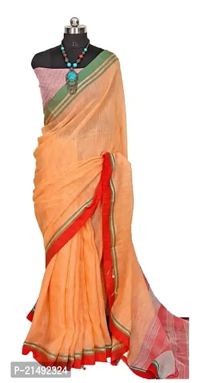 SSH Women Cotton Linen Handloom Saree Multi Border With Unstitched Blouse Piece (Peach)