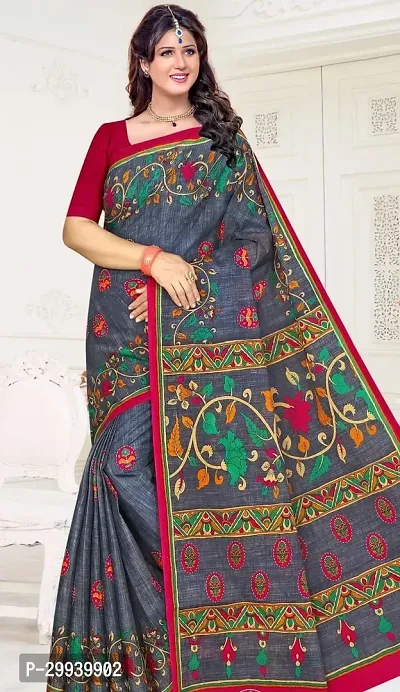 Stylish Grey Cotton Printed Saree without Blouse piece For Women