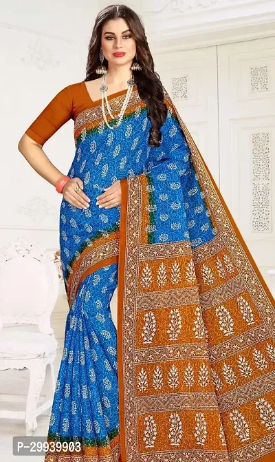 Stylish Blue Cotton Printed Saree without Blouse piece For Women