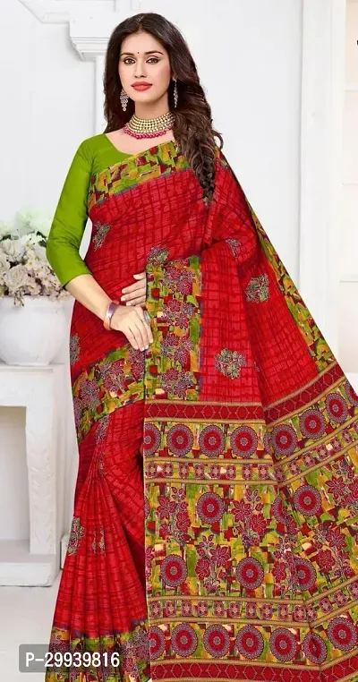 Stylish Red Cotton Printed Saree without Blouse piece For Women