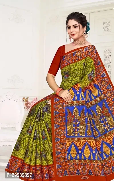 Stylish Green Cotton Printed Saree without Blouse piece For Women-thumb0