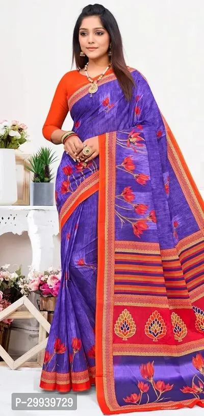 Stylish Purple Cotton Printed Saree without Blouse piece For Women