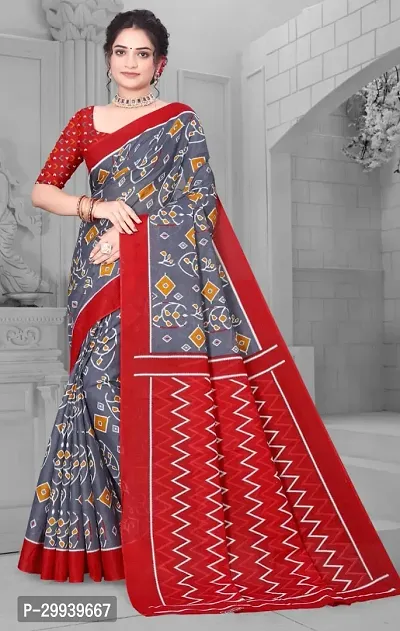 Stylish Grey Cotton Printed Saree with Blouse piece For Women