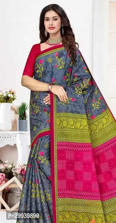 Stylish Grey Cotton Printed Saree without Blouse piece For Women-thumb0