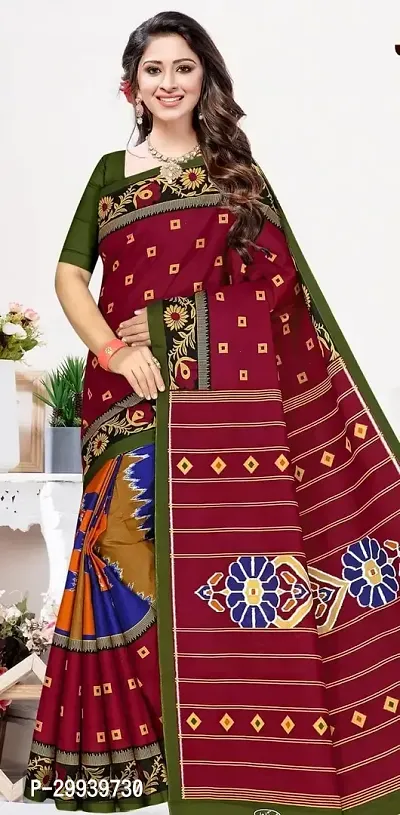 Stylish Maroon Cotton Printed Saree without Blouse piece For Women-thumb0