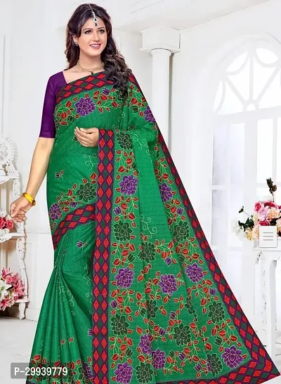 Stylish Green Cotton Printed Saree without Blouse piece For Women