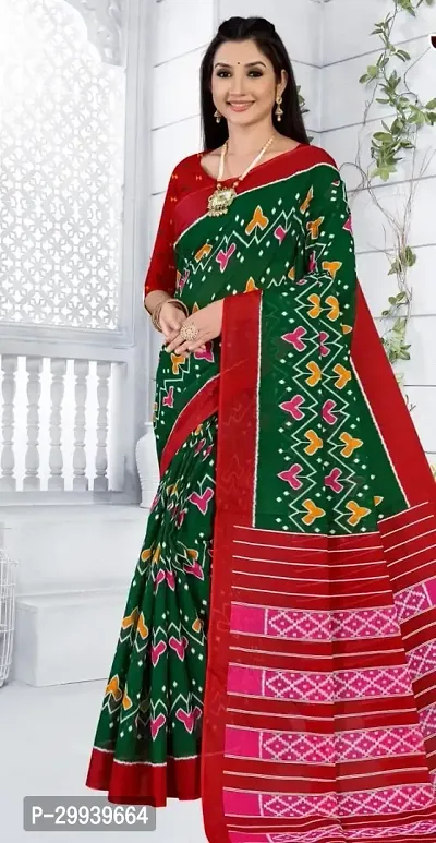 Stylish Green Cotton Printed Saree with Blouse piece For Women-thumb0