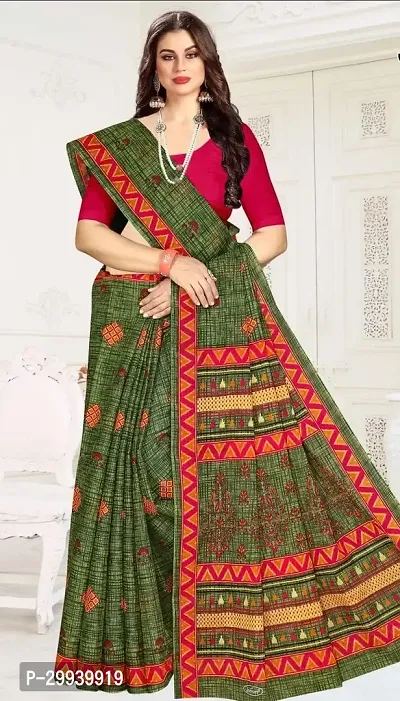 Stylish Green Cotton Printed Saree without Blouse piece For Women-thumb0