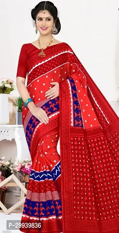 Stylish Red Cotton Printed Saree without Blouse piece For Women