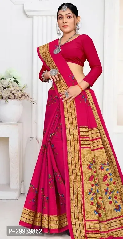 Stylish Pink Cotton Printed Saree without Blouse piece For Women-thumb0