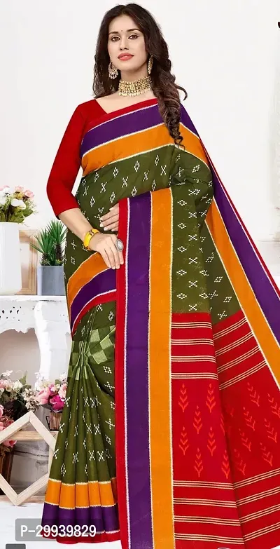 Stylish Green Cotton Printed Saree without Blouse piece For Women