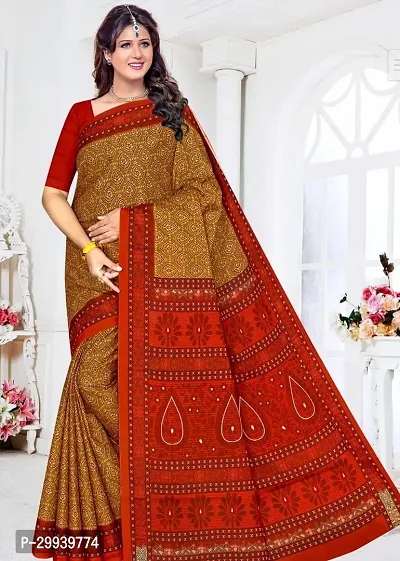 Stylish Brown Cotton Printed Saree without Blouse piece For Women