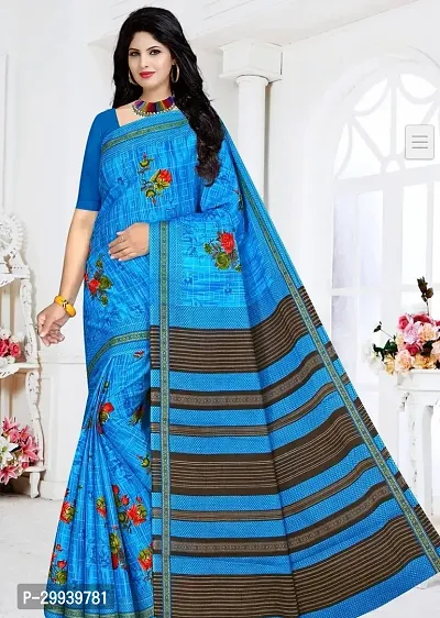 Stylish Blue Cotton Printed Saree without Blouse piece For Women