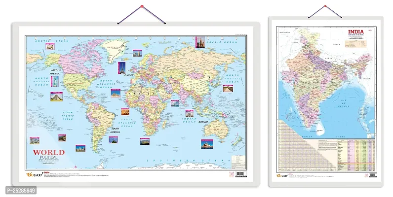 Stylish Set Of 2 Indian Road Guide Political And World Political Map Educational Chart-thumb0