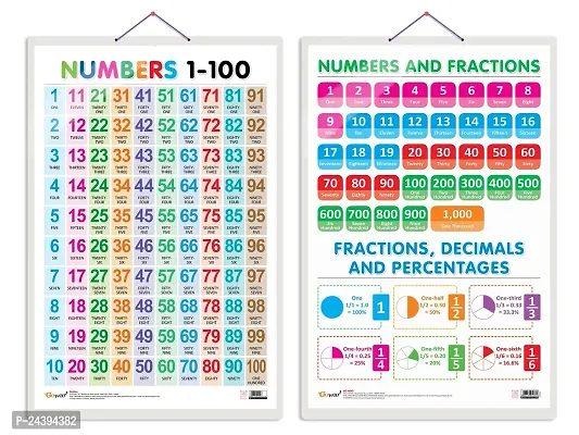 Set of 2 Numbers 1-100 and NUMBERS AND FRACTIONS Early Learning Educational Charts for Kids | 20X30 inch |Non-Tearable and Waterproof | Double Sided Laminated | Perfect for Homeschooling.