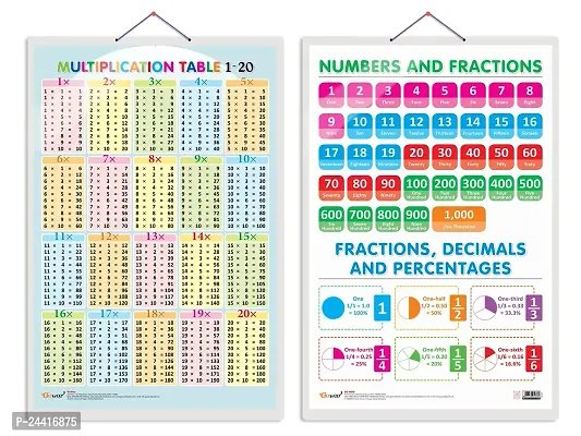 Set of 2 Multiplication Table 1-20 and NUMBERS AND FRACTIONS Early Learning Educational Charts for Kids | 20X30 inch |Non-Tearable and Waterproof | Double Sided Laminated | Perfect for school.