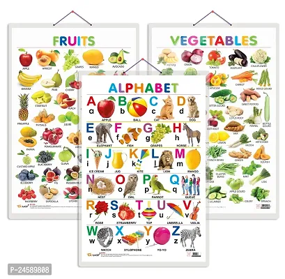 Set of 3 Alphabet, Fruits and Vegetables Early Learning Educational Charts for Kids | 20X30 inch |Non-Tearable and Waterproof | Double Sided Laminated | Perfect for Homeschooling-thumb0