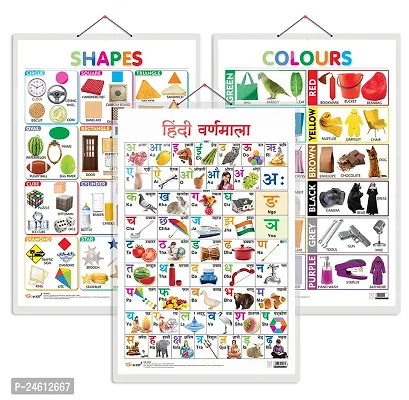 Set of 3 Colours, Shapes and Hindi Varnamala Chart for Kids | 20X30 inch |Non-Tearable and Waterproof | Double Sided Laminated | Perfect for Homeschooling.