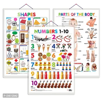 Set of 3 Shapes, Parts of the Body and Numbers 1-10 Chart for Kids | 20X30 inch |Non-Tearable and Waterproof | Double Sided Laminated | Perfect for Homeschooling.