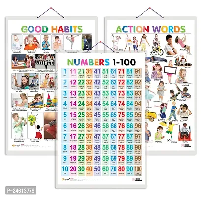 Set of 3 Good Habits, Action Words and Numbers 1-100 Early Learning Educational Charts for Kids | 20X30 inch |Non-Tearable and Waterproof | Double Sided Laminated | Perfect for Homeschooling.