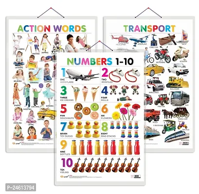 Set of 3 Action Words, Transport and Numbers 1-10 Early Learning Educational Charts for Kids | 20X30 inch |Non-Tearable and Waterproof | Double Sided Laminated | Perfect for Homeschooling.