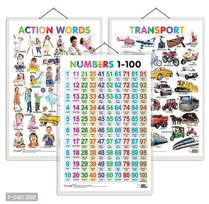 Set of 3 Action Words, Transport and Numbers 1-100 Early Learning Educational Charts for Kids | 20X30 inch |Non-Tearable and Waterproof | Double Sided Laminated | Perfect for Homeschooling.