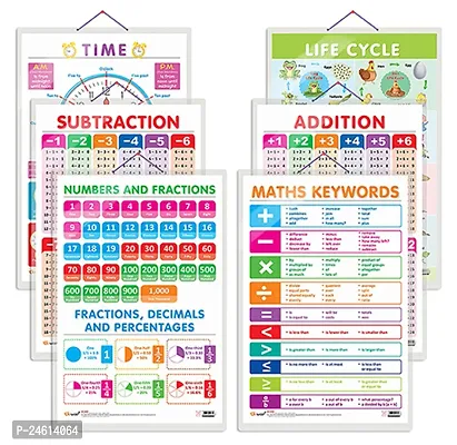 Set of 6 Life Cycle, TIME, SUBTRACTION, ADDITION, NUMBERS AND FRACTIONS and MATHS KEYWORDS Early Learning Educational Charts for Kids | 20X30 inch |Non-Tearable and Waterproof.