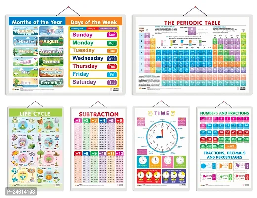 Set of 6 Periodic Table, Life Cycle, TIME, SUBTRACTION, NUMBERS AND FRACTIONS and MONTHS OF THE YEAR AND DAYS OF THE WEEK Early Learning Educational Charts for Kids | 20X30 inch and Non-Tearable.