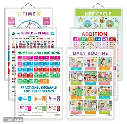 Set of 6 My World of Flags, Life Cycle, TIME, ADDITION, NUMBERS AND FRACTIONS and DAILY ROUTINE Early Learning Educational Charts for Kids | 20X30 inch |Non-Tearable and Waterproof.