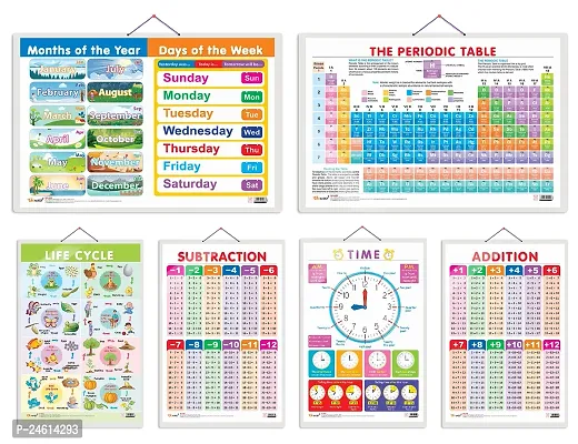 Set of 6 Periodic Table, Life Cycle, TIME, SUBTRACTION, ADDITION and MONTHS OF THE YEAR AND DAYS OF THE WEEK Early Learning Educational Charts for Kids | 20X30 inch |Non-Tearable and Waterproof.