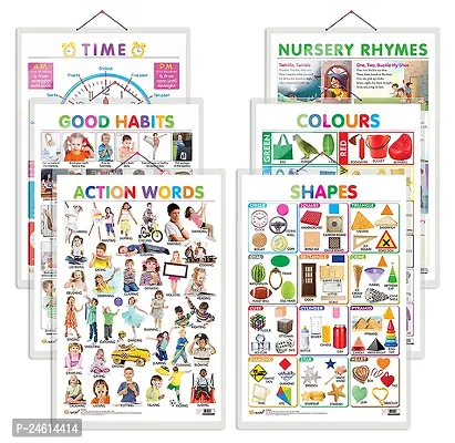 Set of 6 Colours, Shapes, Good Habits, Action Words, TIME and NURSERY RHYMES Early Learning Educational Charts for Kids | 20X30 inch |Non-Tearable and Waterproof,  Double Sided Laminated.
