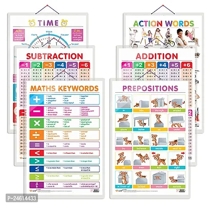 Set of 6 Action Words, TIME, SUBTRACTION, ADDITION, MATHS KEYWORDS and PREPOSITIONS Early Learning Educational Charts for Kids | 20X30 inch |Non-Tearable and Waterproof, Double Sided Laminated.