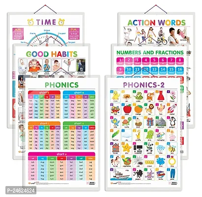 Set of 6 Good Habits, Action Words, TIME, NUMBERS AND FRACTIONS, PHONICS - 1 and PHONICS - 2  Early Learning Educational Charts for Kids | 20X30 inch |Non-Tearable and Waterproof.