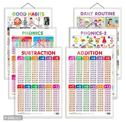 Set of 6 Good Habits, SUBTRACTION, ADDITION, DAILY ROUTINE, PHONICS - 1 and PHONICS - 2 Early Learning Educational Charts for Kids | 20X30 inch |Non-Tearable and Waterproof.