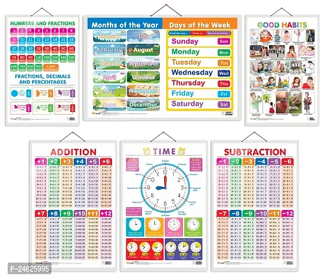 Set of 6 Good Habits, SUBTRACTION, ADDITION, TIME, NUMBERS AND FRACTIONS and MONTHS OF THE YEAR AND DAYS OF THE WEEK Early Learning Educational Charts for Kids | 20X30 inch | Non-Tearable.-thumb0
