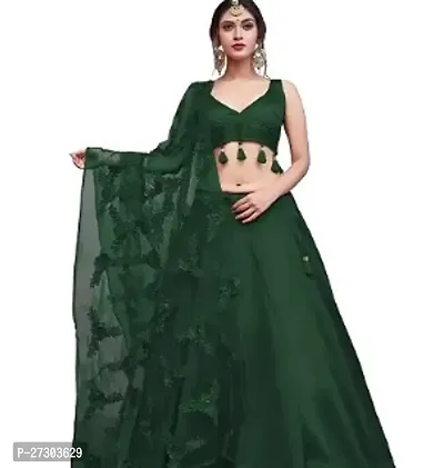 Stylish Green Taffeta Solid Lehenga with Choli And Dupatta Set For Women