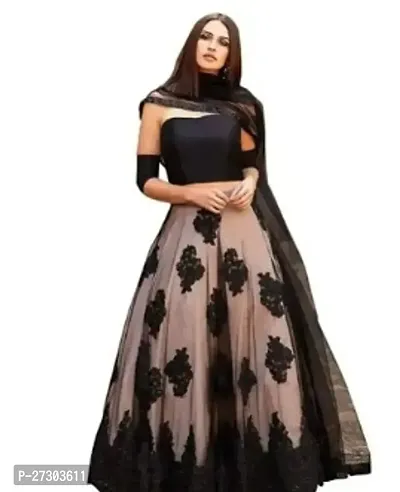 Stylish Black Net Solid Lehenga with Choli And Dupatta Set For Women-thumb0