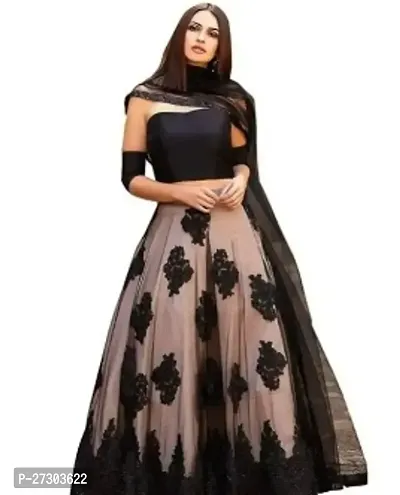 Stylish Black Net Solid Lehenga with Choli And Dupatta Set For Women-thumb0